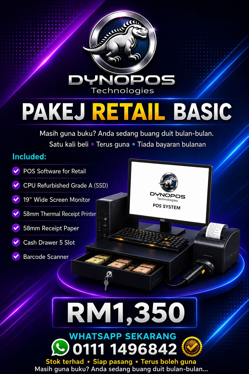 Set Pakej Retail Basic DynoPOS โ monitor, printer resit, cash drawer, barcode scanner