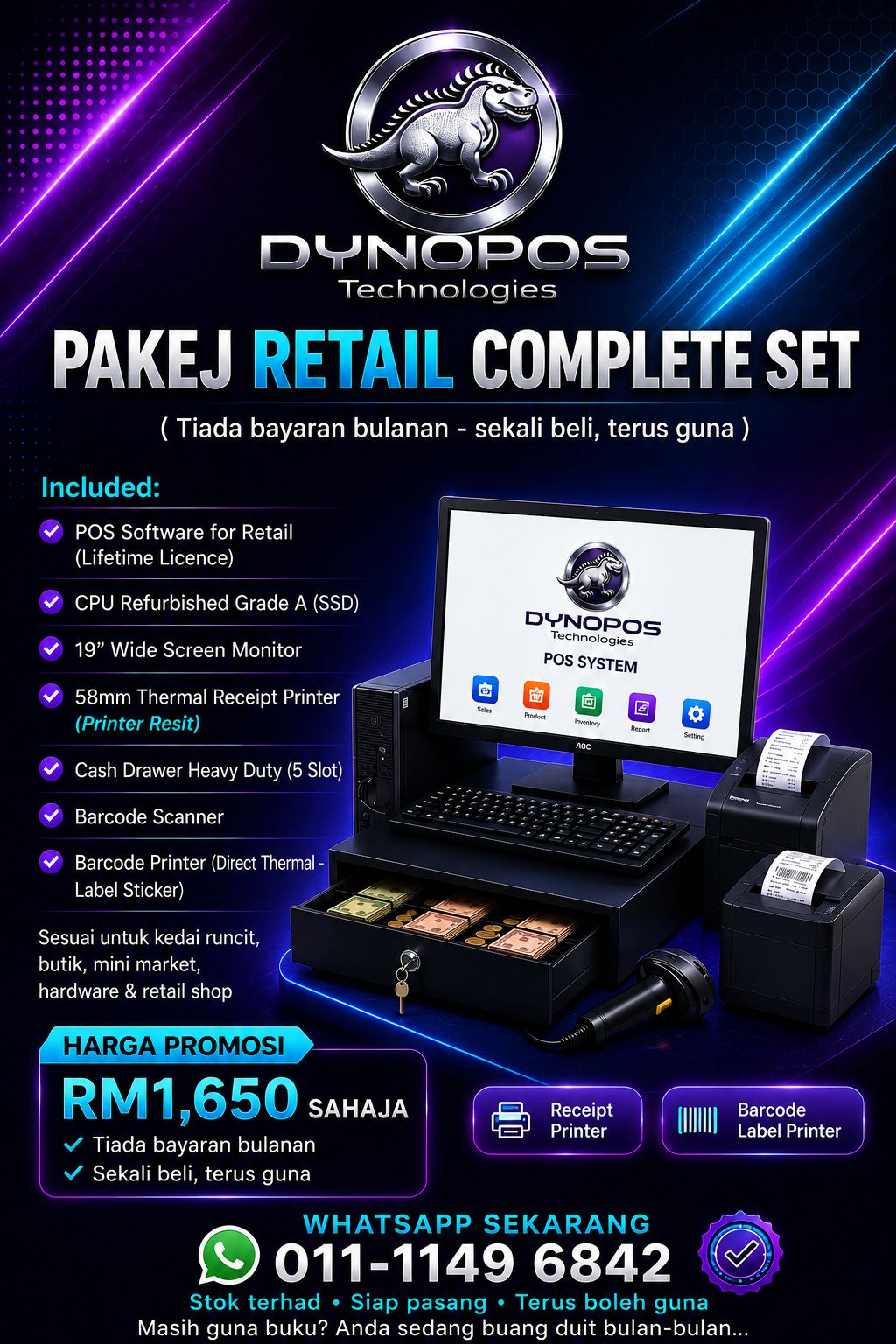 Set Pakej Retail Complete DynoPOS โ lengkap dengan barcode printer
